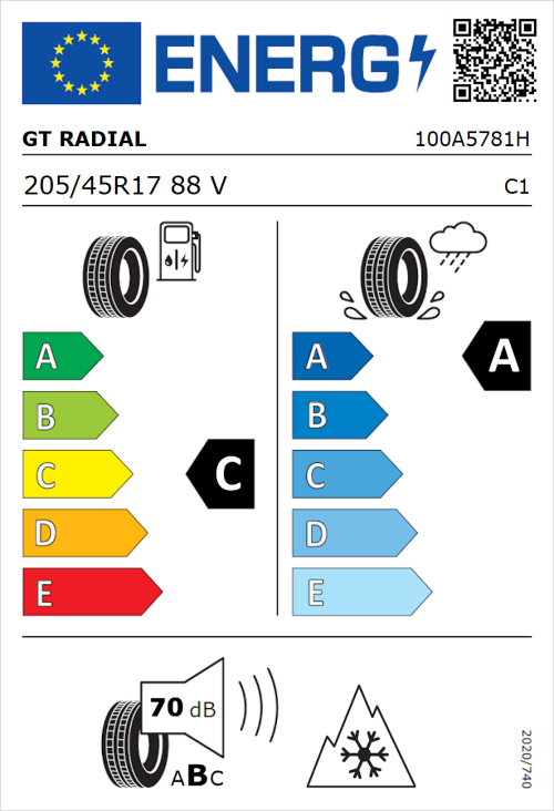 Tyre Label for GT Radial Climate Active 205/45R17 88V