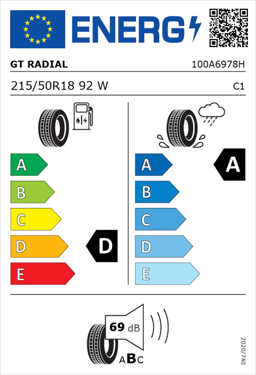 Tyre Label for GT Radial FE2 Evo 215/50R18 92W