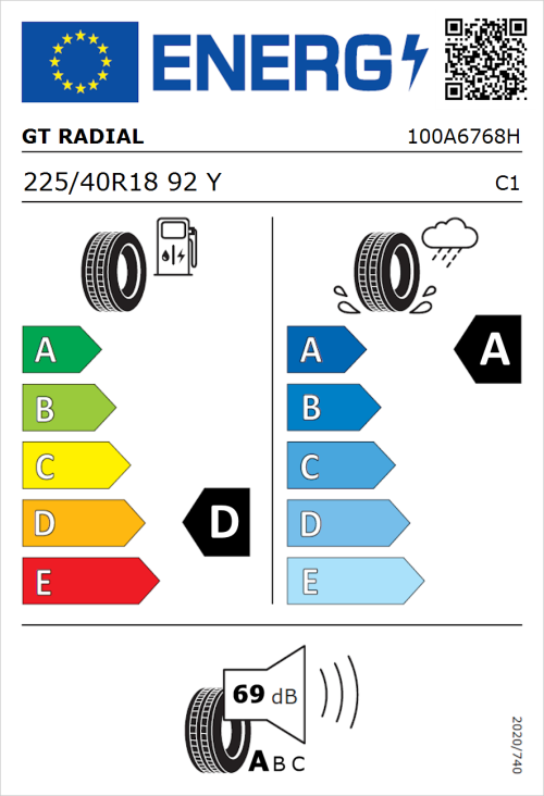 Tyre Label for GT Radial SportActive 2 Evo 225/40R18 92Y