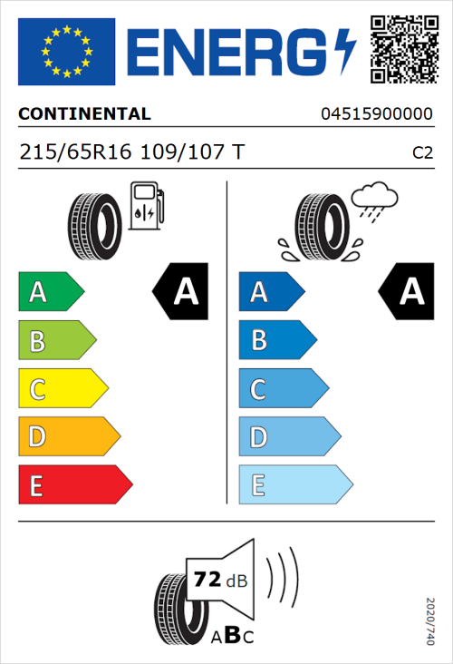 Tyre Label for Continental VanContact Eco 215/65R16 109/107T