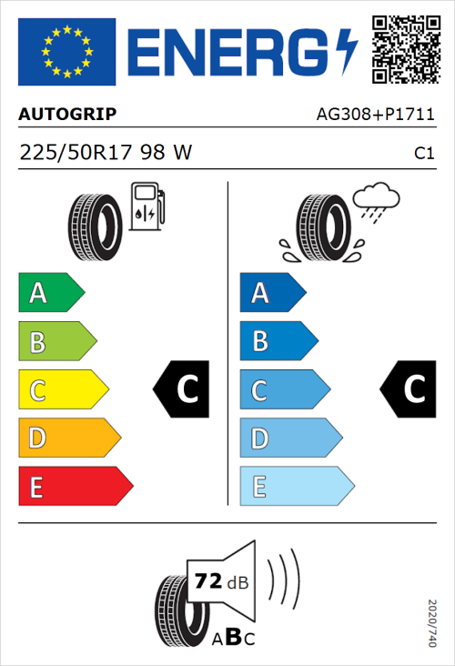 Tyre Label for Autogrip P308 Plus 225/50R17 98W